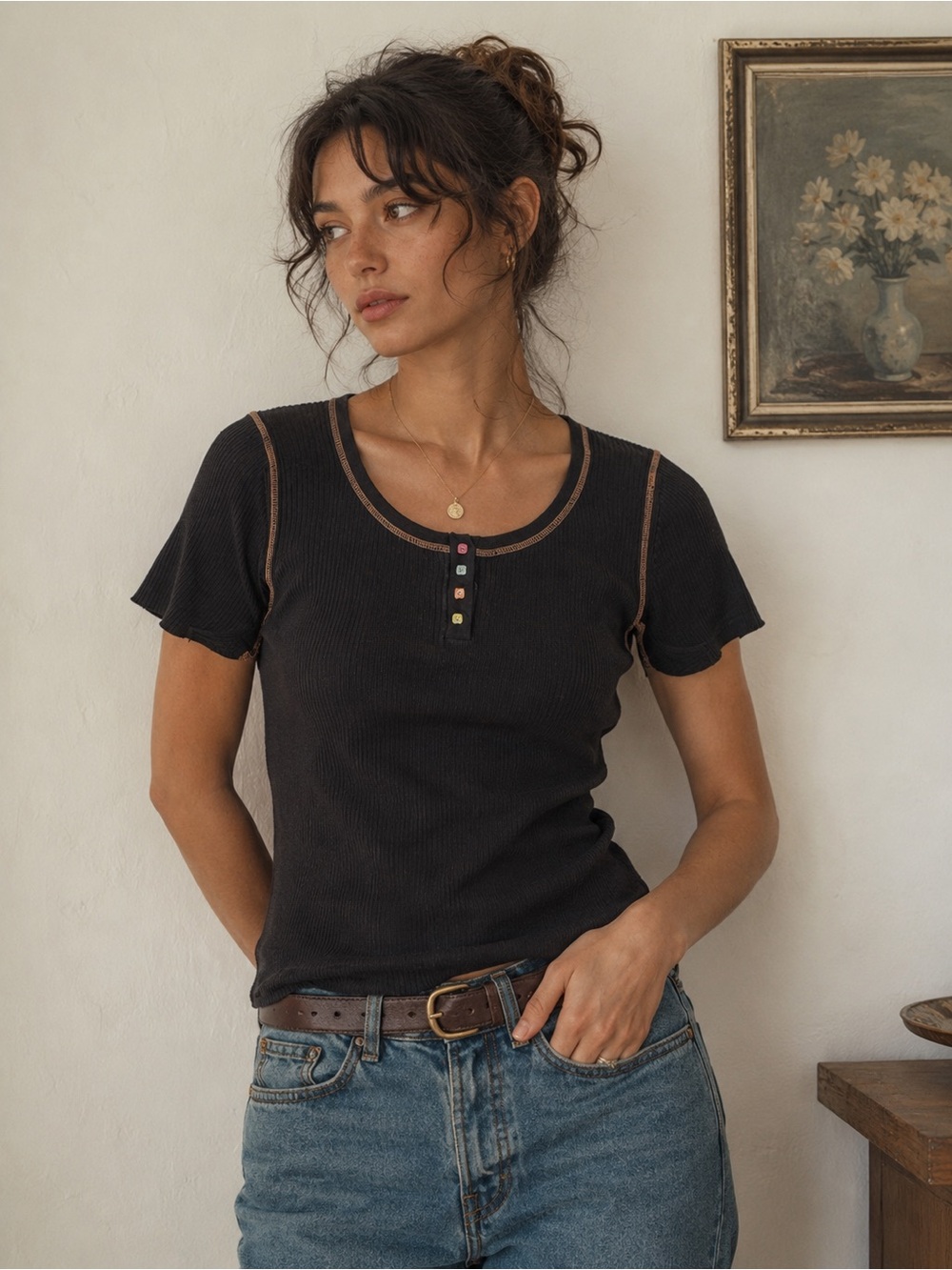 Vintage Black Ribbed Henley Scoop Neck Tee with Colorful Buttons L Y2K 90s knit